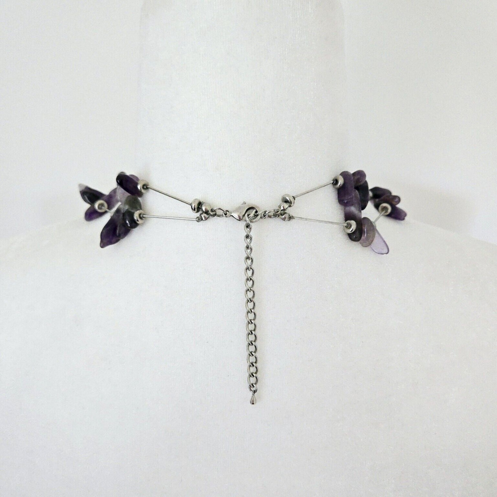 Amethyst Necklace Purple Stone Silvertone Statement Modern Brutalist Maximalist - Picture 8 of 10